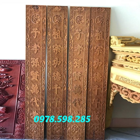 Câu đối phẳng - gỗ gụ - đục thượng cầm hạ thú - phun PU