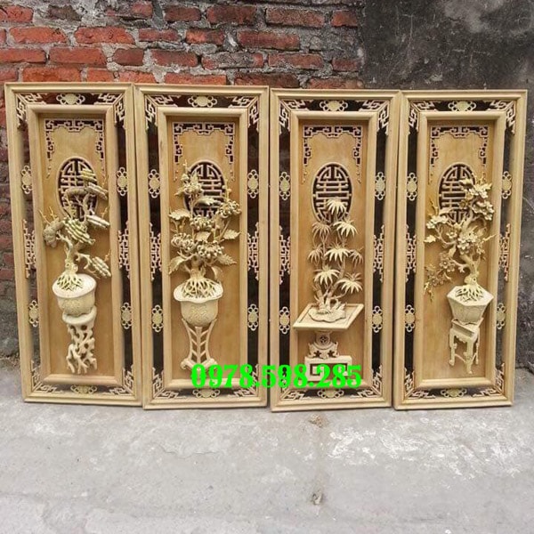 Bộ Tứ quý bình có khung - gỗ gụ - Sơn Phun PU