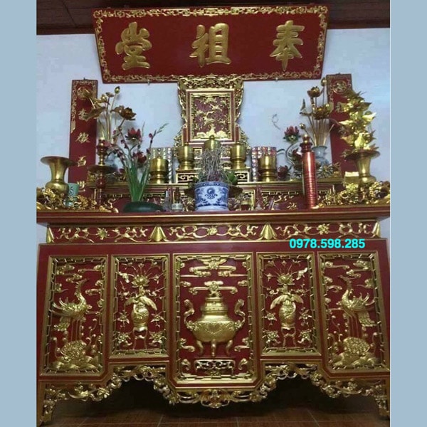 Bàn thờ gia tiên- chấp tải - sơn then đỏ đẹp
